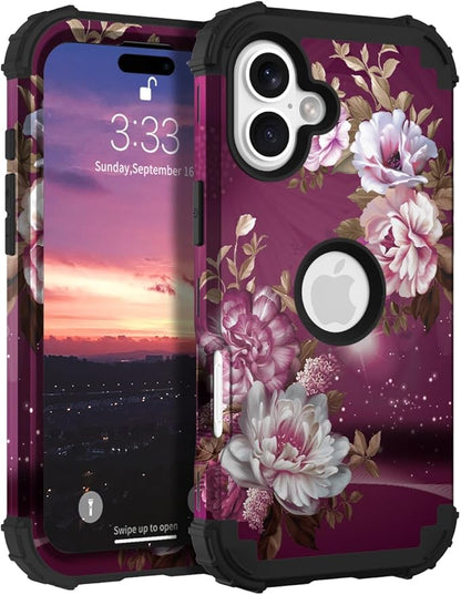 Hocase for iPhone 17 Case 6.3", Heavy Duty Shockproof Protection Soft Silicone Rubber+Hard Plastic Bumpers Hybrid Protective Case for iPhone 17 2025 - Royal Purple Flowers