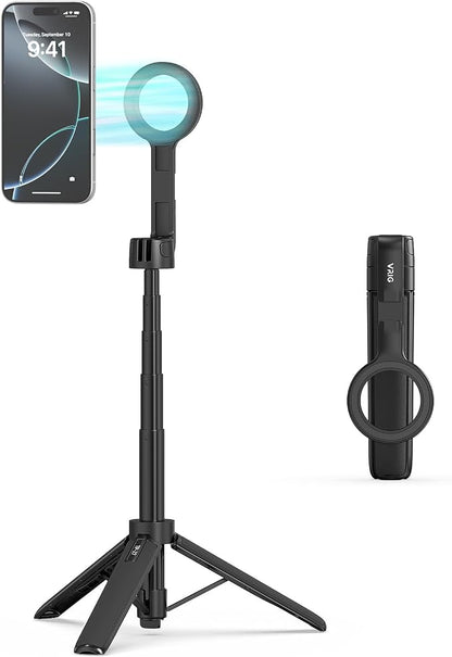VRIG Magnetic Selfie Stick Tripod for iPhone with Cold Shoe,360 Rotatable Extendable Travel Phone Stand for Video Recording/Vlogging,Strong Holder with Metal Ring for iPhone 12-17/Android