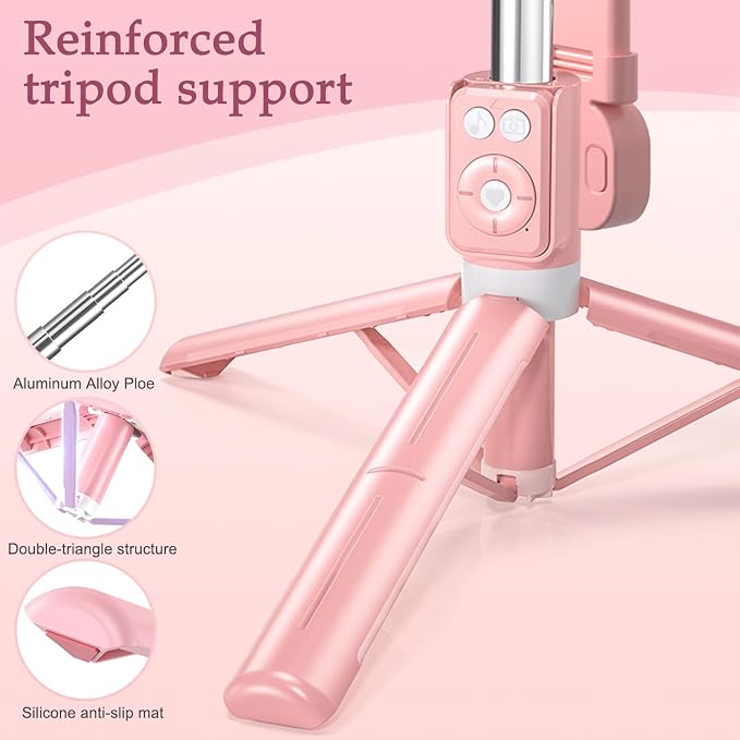 Selfie Stick Tripod with Fill Light, Phone Selfie Stick,Durable Stainless Steel Design,Bluetooth Remote Control,and Stable Three-Legged Support for Live Broadcasts,Video Shooting (Pink)