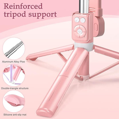 Selfie Stick Tripod with Fill Light, Phone Selfie Stick,Durable Stainless Steel Design,Bluetooth Remote Control,and Stable Three-Legged Support for Live Broadcasts,Video Shooting (Pink)