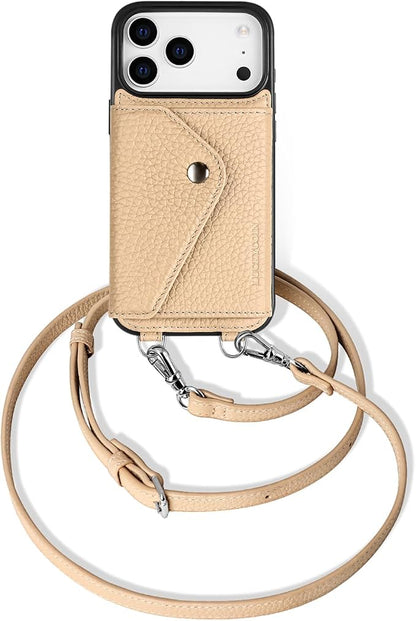 LUCKYCOIN for iPhone 17 Pro Crossbody Wallet Case – Genuine Leather Phone Purse with Adjustable Strap and Card Holder,Lanyard Phone Purse Case for Women,Pebble Grain Beige