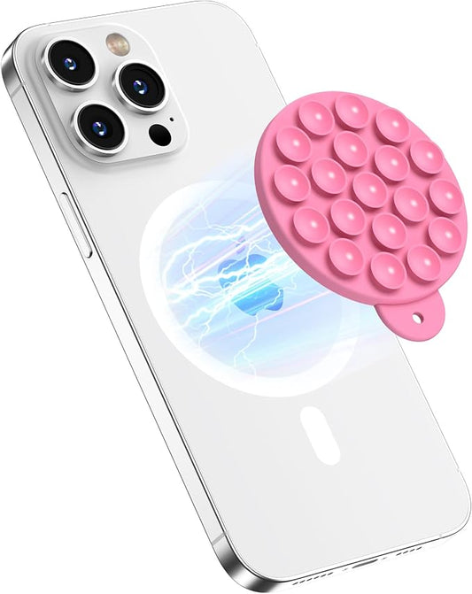 Magnetic Suction Cup Phone Mount with MagSafe, Silicone Hands-Free Grip Holder for iPhone Case and Android, Mirror Shower Phone Stand for Makeup FaceTime Gym Kitchen Bathroom, Tender Pink