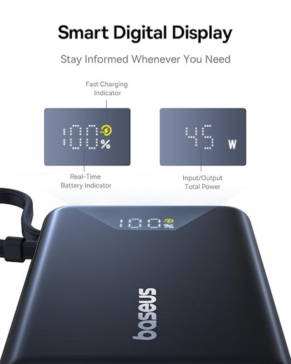 Baseus Power Bank, Picogo 10000mAh 45W 3-Output Portable Charger with Built-in USB-C Cable, PPS/PD QC Fast Charging External Battery Pack for iPhone 17/16/15/14/13, Samsung S25/S24, MacBook Pro, iPad