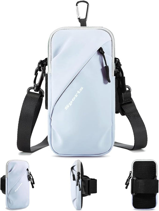 Prime Comfort Cell Phone Carrier - Arm Band, Cross Body Bag, Holster for Men Women - Cell Phone Holder for Running Walking - Light Blue