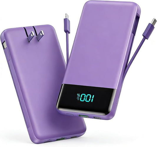 Portable Charger for iPhone,13800mAh Slim Power Bank with Built-in Cables & AC Wall Plug,All in One 4 Outputs USB C Fast Charging Battery Pack Travel Essential for iPhone 17/16/15/14,Android (Purple)