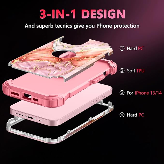 Casetego for iPhone 13 Case,iPhone 14 Case,Three Layer Heavy Duty Sturdy Shockproof Protection Full Rugged Hard PC+Soft TPU Bumper Protective Girls Case for Apple iPhone 13/14 6.1 inch,Gold