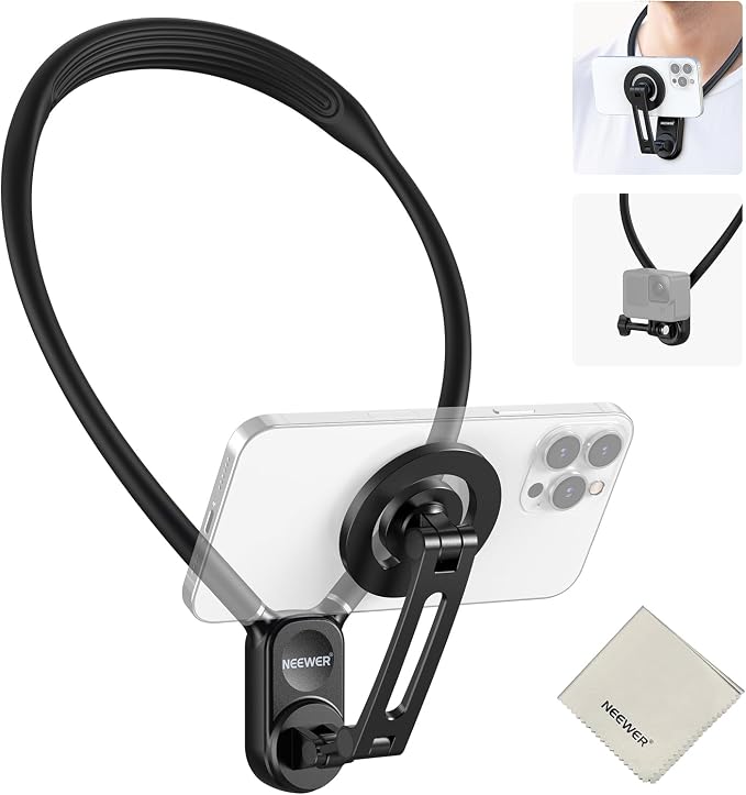 NEEWER GP-16 Magnetic Neck Mount for Action Camera & Phone with Cleaning Cloth Chest Mount Phone Holder for POV Video Recording Vlogging Compatible with GoPro DJI Insta360 MagSafe iPhone Android