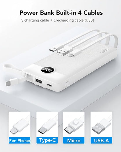 VRURC Portable Charger Built in 4 Cables, Slim Power Bank 10000mAh | Multi Devices Charging Bank with Lanyard, USB C Battery Pack for All Cell Phones, Samsung,Android-White(1 Pack)