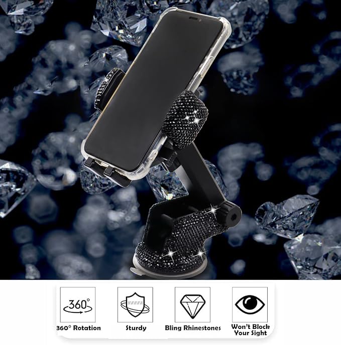 LYCARESUN Bling Car Phone Mount Holder,Shiny Crystal Rhinestone Phone Stand for Women and Girls, Car Accessories for Windshield Dashboard,Compatible with Most Cellphones (Black)