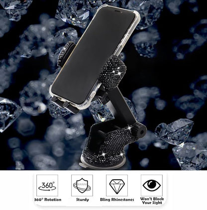 LYCARESUN Bling Car Phone Mount Holder,Shiny Crystal Rhinestone Phone Stand for Women and Girls, Car Accessories for Windshield Dashboard,Compatible with Most Cellphones (Black)