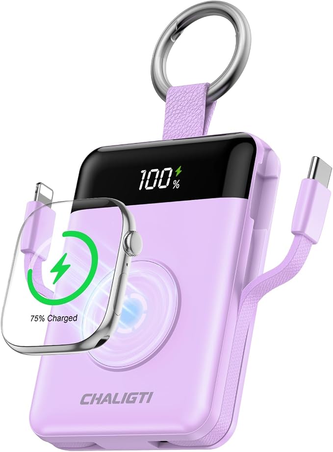 10000mAh Portable Charger,PD 22.5W Super Fast Charging Power Bank with Built-in Cables, Travel Keychain Battery Pack for iPhone 17/16/15/14/13/12,Apple Watch Ultra/11/10/9/8/7/6/SE (Purple)