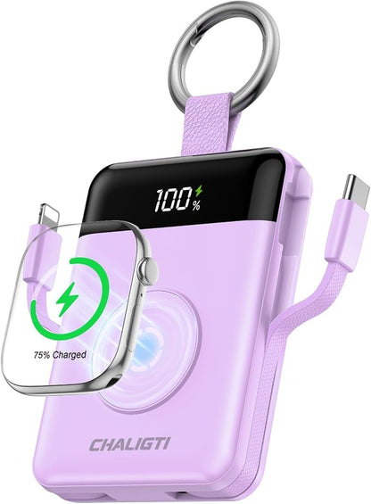 10000mAh Portable Charger,PD 22.5W Super Fast Charging Power Bank with Built-in Cables, Travel Keychain Battery Pack for iPhone 17/16/15/14/13/12,Apple Watch Ultra/11/10/9/8/7/6/SE (Purple)