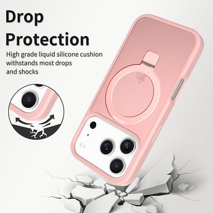 Ultra-Magnetic Stand for iPhone 17 Pro Case [Military Drop Protection] [Compatible with MagSafe] Shockproof Translucent Matte Slim Ring Holder Case for iPhone 17 Pro (Pink)
