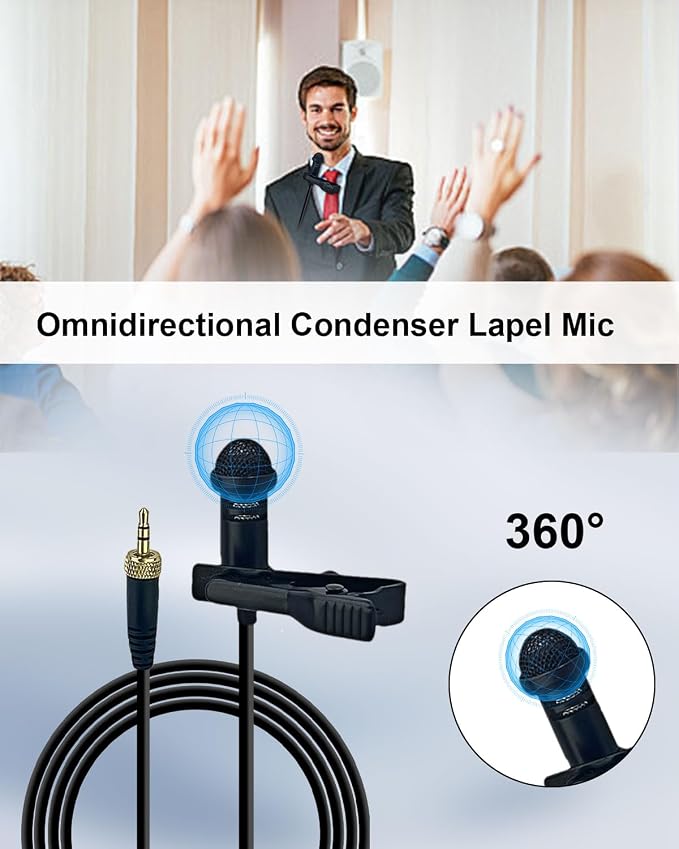 Lavalier Lapel Microphone Compatible with Sennheiser Wireless Transmitter, Omnidirectional Condenser Mic for Use on Stage Houses of Worship Presenters, 3.5mm Screw Lock Plug, Black