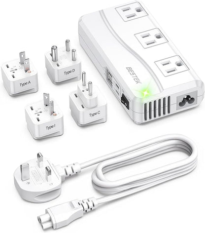 BESTEK 220V to 110V Voltage Converter, 300W Step Down Power Converter with 3 AC Outlets & 4 USB Ports(PD20W), International Travel Voltage Transformer for US Appliances, UK/EU/AU/India Plug Adapters