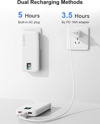 Portable Charger, 12000mAh 22.5W Fast Charging Power Bank with Built-in Cables & Wall Plug, Travel Essentials Battery Pack with LED Display, USB C External Battery Bank for iPhone iPad, Samsung White