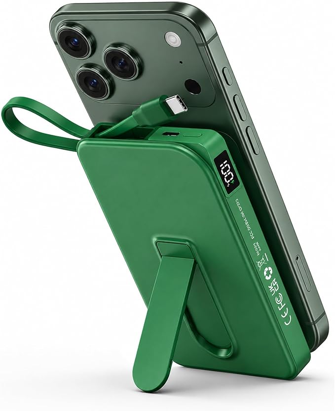 for Magsafe Portable Charger, 3-in-1 Magnetic Power Bank with Stand, 10000mAh Wireless Battery Pack Fast Charging with Built in Cable(USB C), Powerbank for iPhone17/16/15/14/13 Travel & Daily, Green