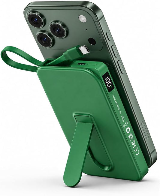 for Magsafe Portable Charger, 3-in-1 Magnetic Power Bank with Stand, 10000mAh Wireless Battery Pack Fast Charging with Built in Cable(USB C), Powerbank for iPhone17/16/15/14/13 Travel & Daily, Green