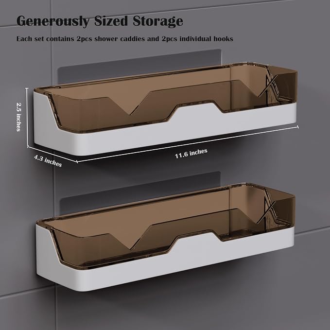 2-Pack Adhesive Shower Caddy, Shower Shelves with Hooks, No Drilling Shower Racks for inside shower & Kitchen Storage (Gold)