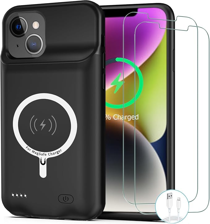 Battery Case for iPhone 14 Plus, [12000mAh] Enhanced Rechargeable Portable Qi Wireless Charger Case Battery Pack Support CarPlay Wireless Charging Case Compatible with iPhone 14 Plus (6.7 inch)-Black