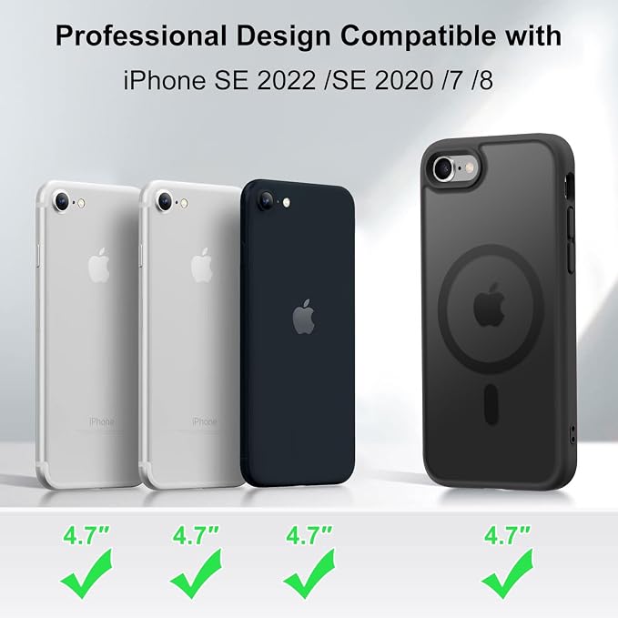 MOCCA Strong Magnetic for iPhone SE Case 2022/iPhone SE 2020 Case/iPhone 7 Case/iPhone 8 Case [Compatible with Magsafe] Slim Thin Translucent Matte Protective Cover Phone Case 4.7'', Black