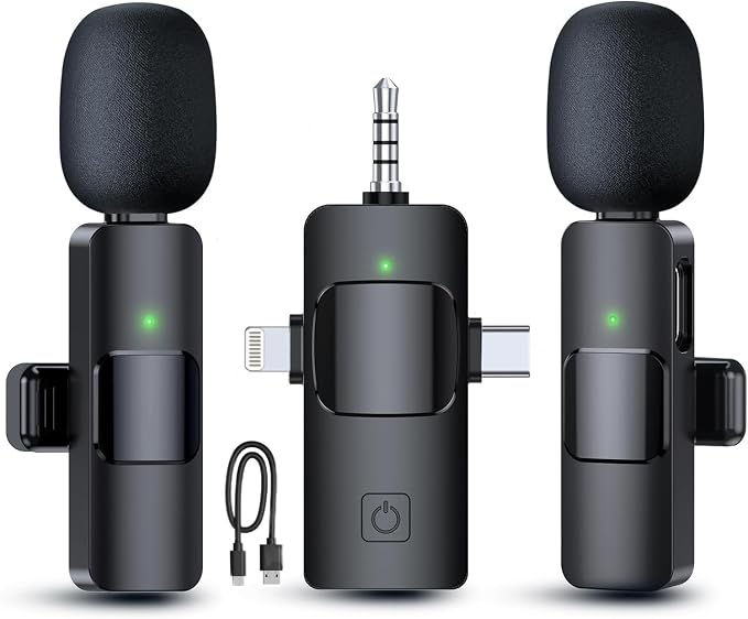 Wireless Lavalier Microphones for iPhone, iPad, Android, Camera, 3 in 1 USB-C Microphone, Mic 7-Hour Battery, Mini Microphone with Noise Reduction for Video Recording, Vlog, YouTube, TikTok
