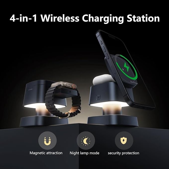 【2026 Upgraded】4 in 1 Wireless Charger, 3 in 1 Wireless Charging Station with Night Light for MagSafe Charger, 15W Magnetic Travel Stand for iPhone17/Air/Pro/Max/16/15/14, Apple Watch, Airpods (Black)
