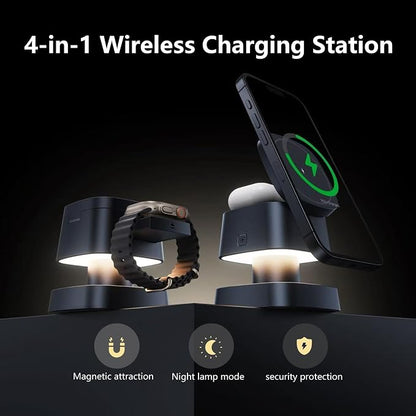 【2026 Upgraded】4 in 1 Wireless Charger, 3 in 1 Wireless Charging Station with Night Light for MagSafe Charger, 15W Magnetic Travel Stand for iPhone17/Air/Pro/Max/16/15/14, Apple Watch, Airpods (Black)