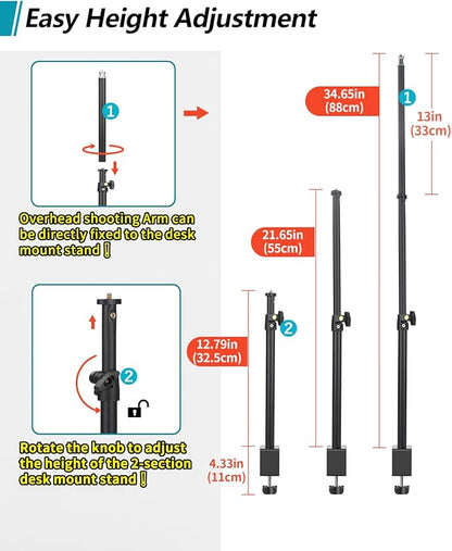 Overhead Camera Mount Desk Stand, Camera Arm Desk Mount Clamp Stand with 360°Adjustable Magic Arm, Webcam Arm Mount Stand w Ballhead Phone Mount for Desk Logitech Microphone Video Light Cell Phone