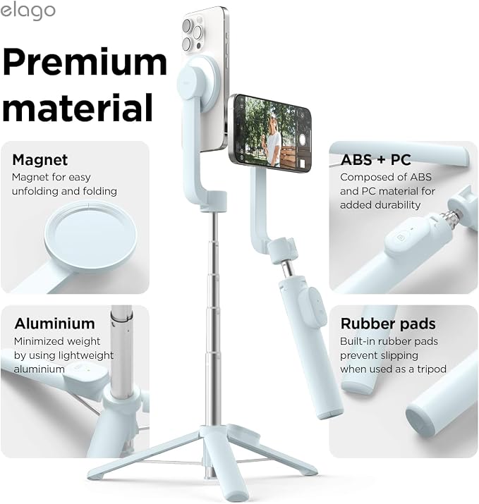 elago Magnetic Selfie Stick Tripod Compatible with MagSafe for iPhone and Galaxy, Strong Magnetism, Portable, Lightweight, Extendable [Pouch, Bluetooth Remote, Guide Sticker Included] [Light Blue]