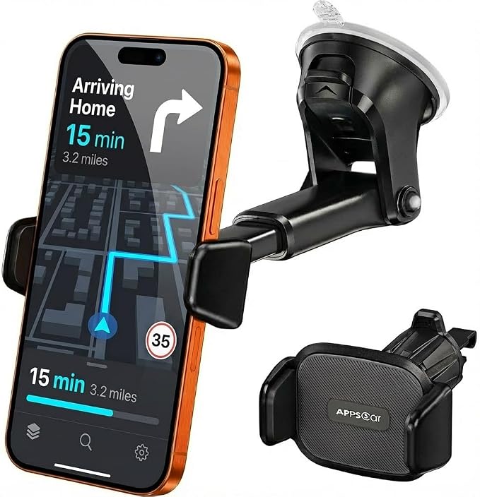 APPS2Car Car Phone Holder Mount - 3-in-1 Dashboard Windshield Air Vent - No Block Camera Thick Case - One Hand Adjustable 4.3”-6.3" Compatible for iPhone 17/16/15 pro max Samsung - Anti-UV Suction cup