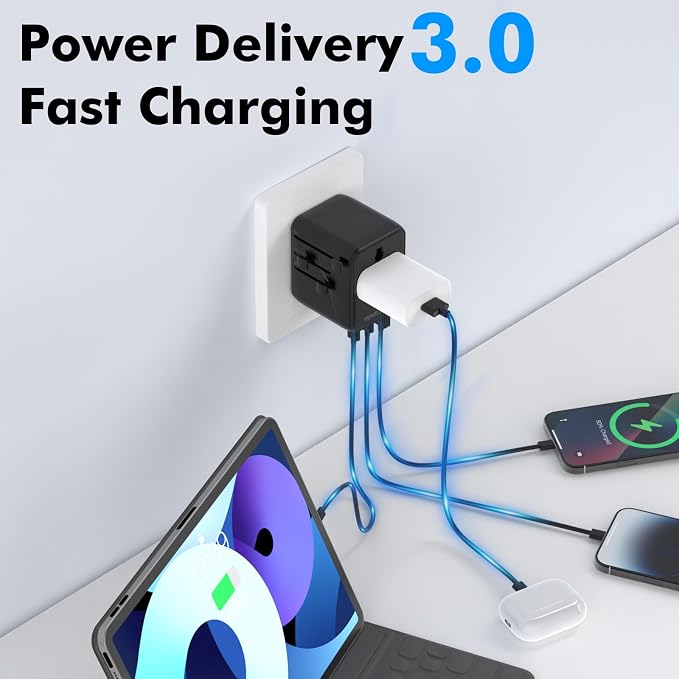 TRAVEL DEPOT Universal Travel Adapter w/USB Ports, GaN All in One Worldwide Plug Adapter, International Power Converter for All Devices, Wall Charger AC Power Type C Charging Ports for USA EU UK AUS