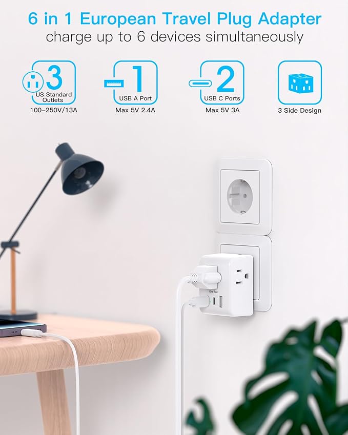 One Beat 2 Pack European Travel Plug Adapter, Type C International Power Adapter with 3 Outlets and 3 USB Ports (2 USB-C), Travel Essentials for USA to Europe, Spain, Italy, France, Germany, EU