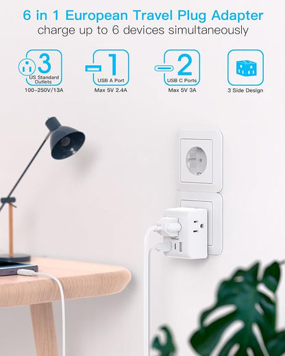 One Beat 2 Pack European Travel Plug Adapter, Type C International Power Adapter with 3 Outlets and 3 USB Ports (2 USB-C), Travel Essentials for USA to Europe, Spain, Italy, France, Germany, EU