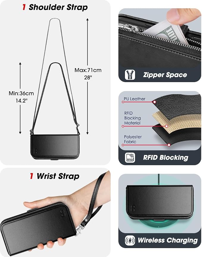 OCASE for iPhone 17 Pro Crossbody Wallet Case - Stylish PU Leather Handbag Phone Purse with Zipper Closure, Card Slots & RFID Blocking - Wrist Strap, Lanyard, Kickstand - Black