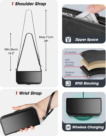 OCASE for iPhone 17 Pro Crossbody Wallet Case - Stylish PU Leather Handbag Phone Purse with Zipper Closure, Card Slots & RFID Blocking - Wrist Strap, Lanyard, Kickstand - Black