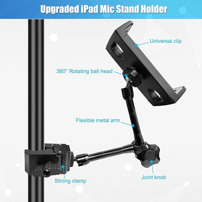 Tablet Holder for Mic Stand, Adjustable iPad Mic Stand Mount, Tablet Holder with Clamp Mount for Pole Desk Kitchen Cabinet, Compatible with 4.7 to 12.9" iPad, iPhone, Android Smartphones