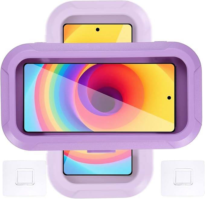 PATIKIL 2 Pcs Shower Phone Holder Waterproof, 360° Retractable Adjustable Shower Phone Case Anti Fog Wall Mount for Bathroom Mirror Bathtub Fit for 7-Inch, Purple