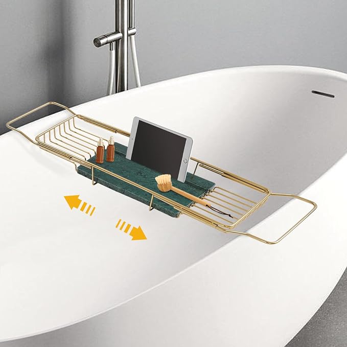 Expandable Bathtub Tray Caddy for Luxury Bath, Extra Wide Acrylic Tub Tray with Natural Marble Board, Waterproof Bath Tub Shelf for Phone, Wine, Book, Tablet Stand - Ideal Home Spa (Gold, Green)