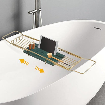 Expandable Bathtub Tray Caddy for Luxury Bath, Extra Wide Acrylic Tub Tray with Natural Marble Board, Waterproof Bath Tub Shelf for Phone, Wine, Book, Tablet Stand - Ideal Home Spa (Gold, Green)