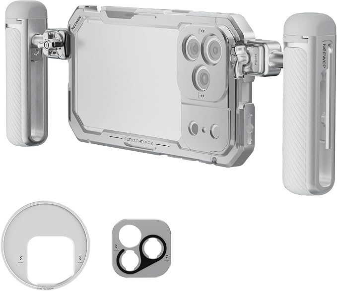 NEEWER Phone Cage Kit Compatible with iPhone 17 Pro Max Only, Video Rig Stabilizer Accessories with 67mm Filter Ring, 17mm Lens Backplate, T Mount Adapter, Two Quick Release Handles, PA144 (Silver)