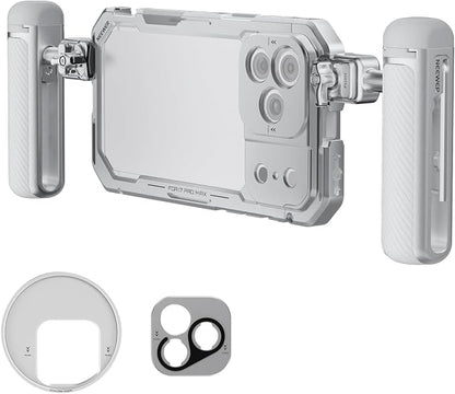 NEEWER Phone Cage Kit Compatible with iPhone 17 Pro Max Only, Video Rig Stabilizer Accessories with 67mm Filter Ring, 17mm Lens Backplate, T Mount Adapter, Two Quick Release Handles, PA144 (Silver)
