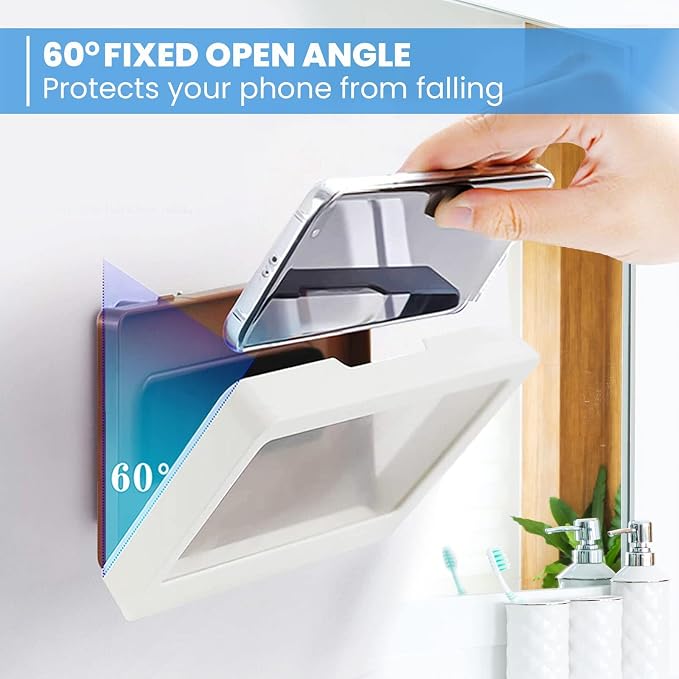 Shower Phone Case Holder Waterproof Upgraded Holder Wall Mount Bathroom TV Shower Gadget Shower Accessory Phone Mount iPhone Shower TV (White)