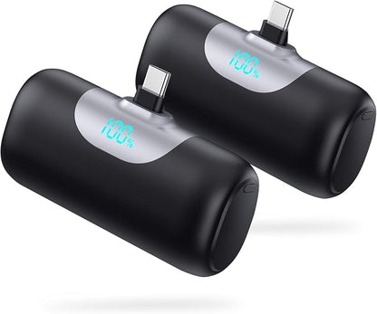 [2-Pack] 5500mAh Portable Charger for iPhone 17/16, LCD Display USB C Mini Power Bank, PD Fast Charging Lipstick Sized Battery Pack for iPhone 17/16/15 Pro Max, Galaxy S25/S24, Pixel (Black+Black)