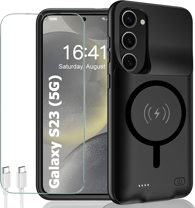 Battery Case for Galaxy S23, 10000mAh Portable Wireless Charging Case Supporting Carplay, Compatible with Galaxy S23 (6.1 inch) Rechargeable Extended Battery Charger (Black)