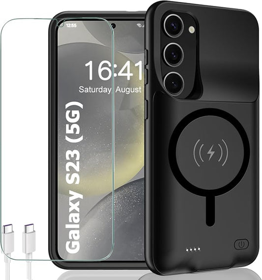 Battery Case for Galaxy S23, 10000mAh Portable Wireless Charging Case Supporting Carplay, Compatible with Galaxy S23 (6.1 inch) Rechargeable Extended Battery Charger (Black)
