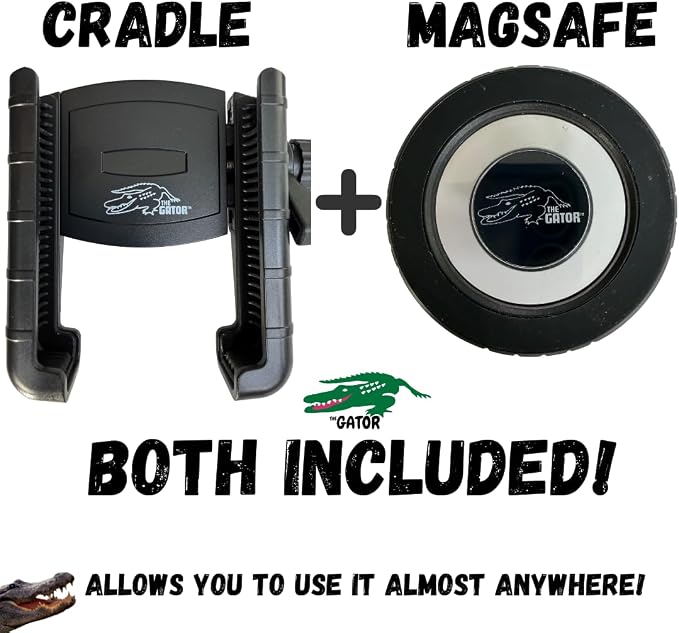 THE GATOR Cell Phone Holder with Both MagSafe and Cradle Options Included! Phone Mount for Golf Cart, ATV Accessory, Quad, Bicycle, Motorcycle, Car, Boat, Scooter, Photography Fits Most smart Phones