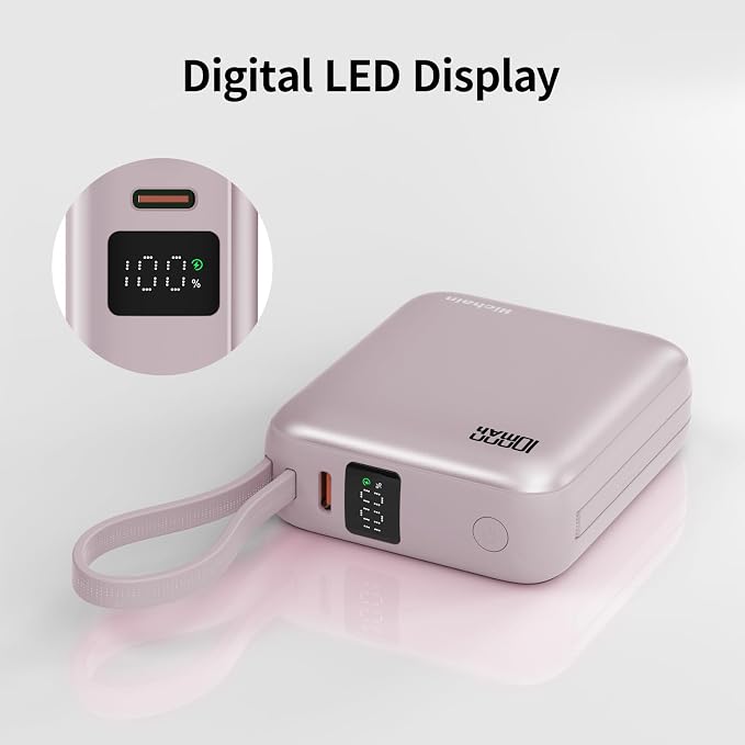 10000mAh Small Portable Charger with Built in Cables LED Display Pink | Mini Power Bank 22.5W USB-C Fast Charging Battery Pack, Travel Essential Power Bank for iPhone, iPad, Samsung, Android