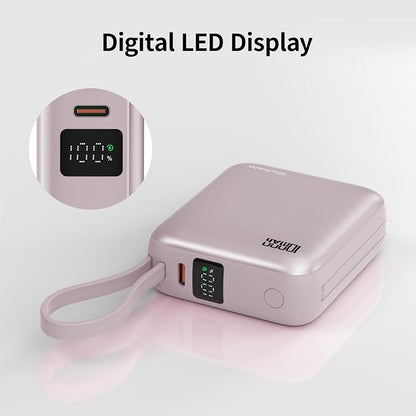 10000mAh Small Portable Charger with Built in Cables LED Display Pink | Mini Power Bank 22.5W USB-C Fast Charging Battery Pack, Travel Essential Power Bank for iPhone, iPad, Samsung, Android