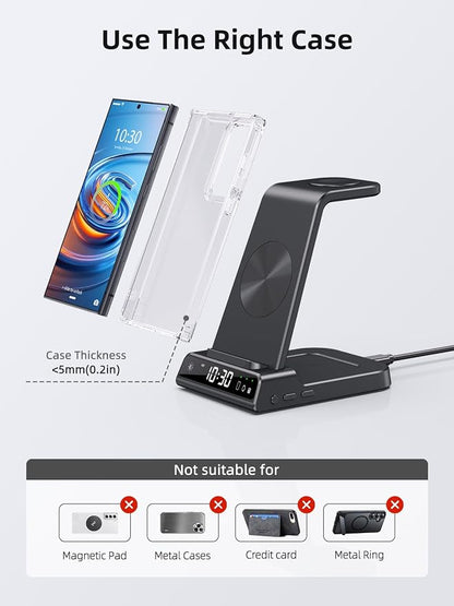 Wireless Charger Samsung Charging Station: 3 in 1 Android Charging Stand with Dimmable Clock - Nightstand Organizer for Galaxy S25 Ultra S24, Galaxy Watch 8 7 6 5 4, Galaxy Buds, Space-Saving Charger